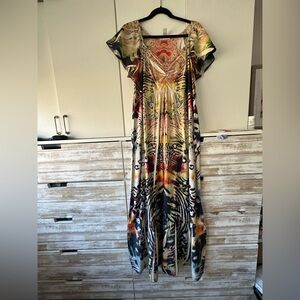 🌺 NWOT Style & Co Boho Maxi Dress 1X Colorful Print Embellished